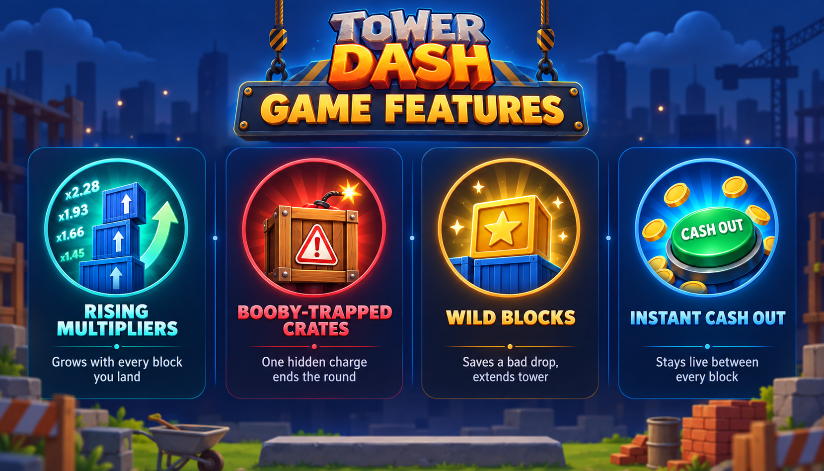 ميزات لعبة Tower Dash - Rising Multipliers وBooby-Trapped Crates وWild Blocks وInstant Cash Out