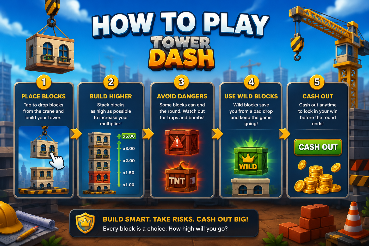 كيفية لعب Tower Dash - ضع رهانًا، اضغط Drop، ثم اسحب أرباحك